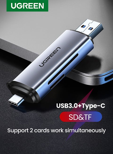 قارئ بطاقة SD USB 3.0 / USB C OTG بطاقة ذاكرة ذات فتحة مزدوجة محول متوافق مع UHS-I ،Micro SD ،SD ،SDXC ،SDHC ،Micro SDXC ،Micro SDHC ،MMC  ماك بوك وDell وجوالكسي S26 اترا وأيفون 17 برو وكاميرا رياضية رمادي
